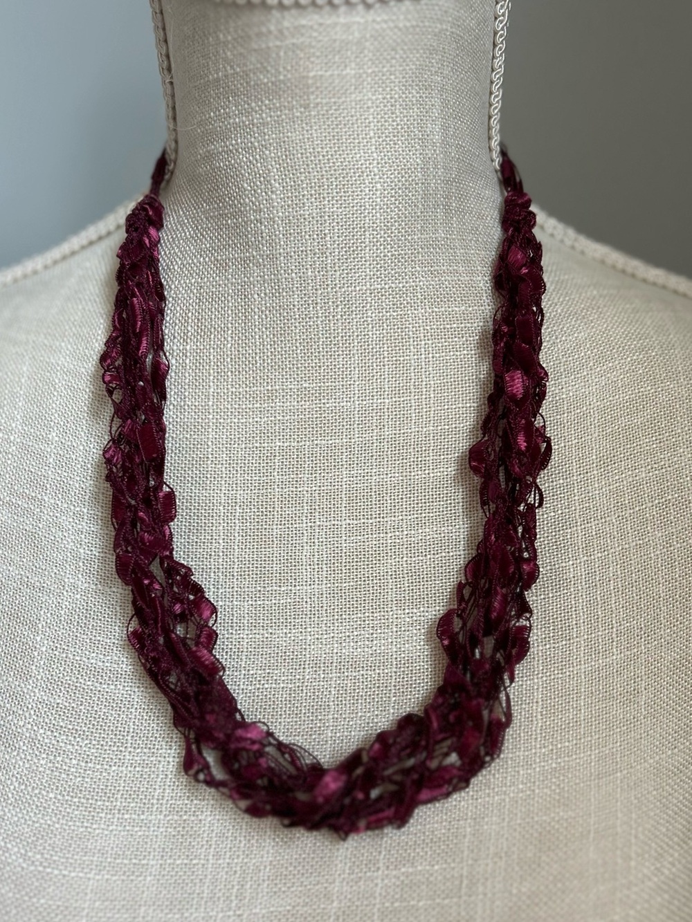 Multi-Strand Burgundy Ladder Ribbon Necklace - Adjustable